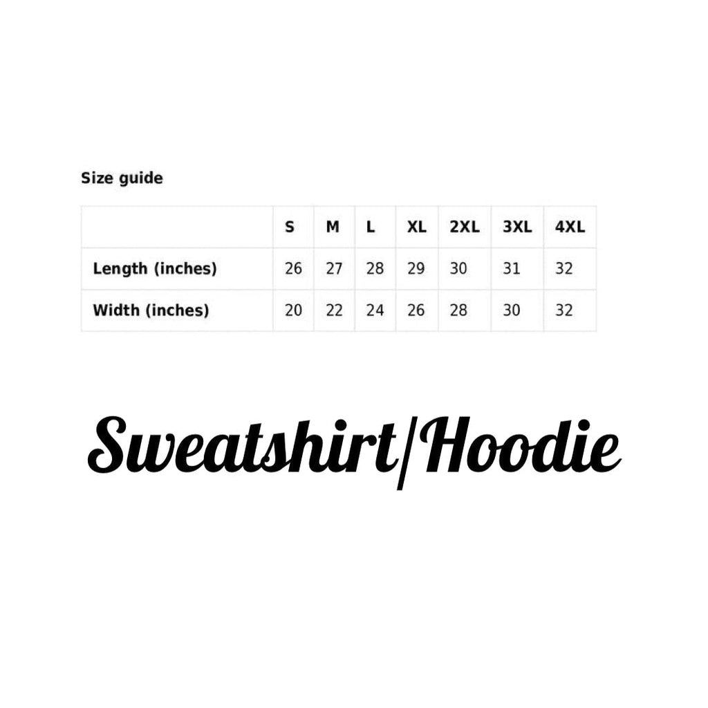 Sweatshirt/Hoodie size guide displayed: S, M, L, XL, XXL. Helps customers choose the right size easily.